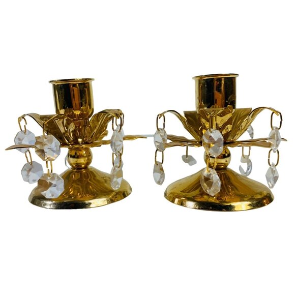 Fancy Hollywood Gold Tone Candlestick Holder Set Chandelier Crystal Dangling Pri - Picture 2 of 11